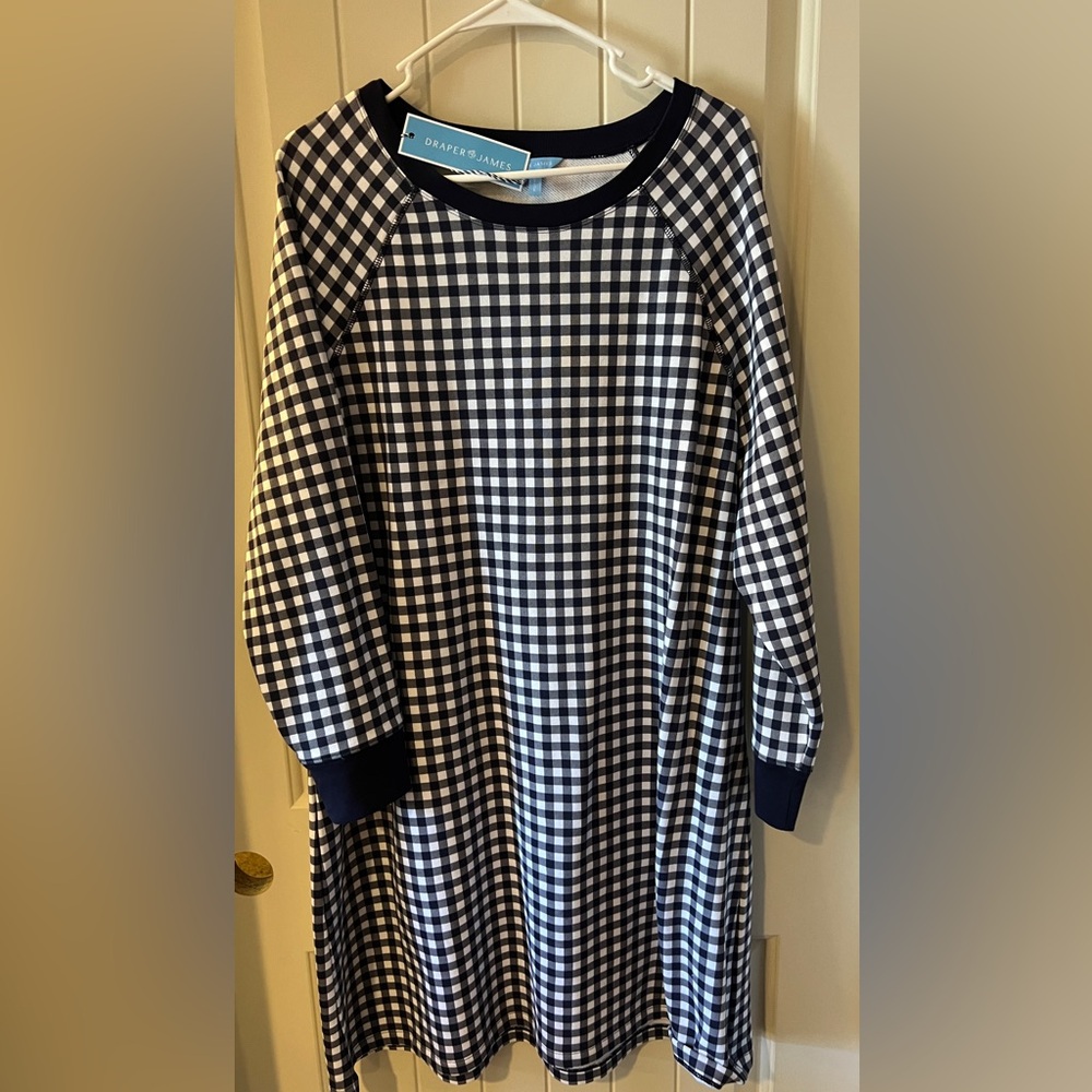 Draper James Navy and White Checkered sweatshirt dress.